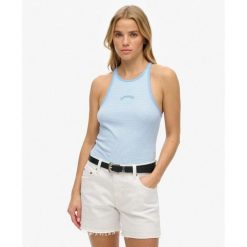 Koszulka Essential Logo Str Racer. Niebieskie koszulki damskie Superdry, bez wzorów, bez kołnierzyka, bez ramiączek. W wyprzedaży za 97.80 zł.