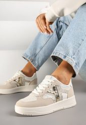 Beżowe Sneakersy Zdobione Metaliczną Aplikacją i Imitacją Skóry Węża Sarivane. Brązowe obuwie sportowe damskie Renee, na lato, z jeansu, bez zapięcia. Za 74.99 zł.
