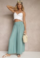 Miętowe Szerokie Spodnie High Waist z Elastycznymi Gumkami w Talii Varbia. Zielone spodnie materiałowe damskie Renee, bez wzorów, z jeansu. Za 44.99 zł.