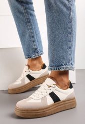 Beżowe Sneakersy na Niskiej Platformie z Materiałowymi Wstawkami Xeonbia. Brązowe obuwie sportowe damskie Born2be, z materiału, bez zapięcia. Za 109.99 zł.