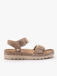 Ciemnobeżowe sandały na grubszym spodzie z dwoma paskami. Brązowe sandały damskie Ryłko, bez wzorów, ze skóry, z okrągłym noskiem, bez obcasa, bez zapięcia. Za 399.99 zł.