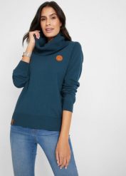 Sweter z dzianiny o splocie drobnych oczek, z szerokim golfem. Niebieskie golfy damskie bonprix, bez wzorów, z dzianiny, bez ramiączek. Za 99.99 zł.