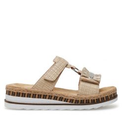 Klapki Rieker. Brązowe klapki damskie Rieker, bez wzorów, bez obcasa, bez zapięcia. Za 215.99 zł.