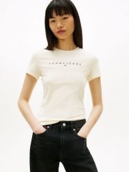 TOMMY JEANS Koszulka w kolorze kremowym rozmiar: XL. Brązowe bluzki damskie Tommy Jeans, xl, bez wzorów, z bawełny, bez kołnierzyka, bez ramiączek. Za 114.95 zł.