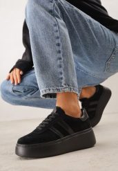 Czarne Sneakersy z Zamszu Naturalnego na Platformie ze Skórzaną Wkładką Rionelle. Czarne obuwie sportowe damskie Renee, z jeansu, bez zapięcia. Za 189.99 zł.