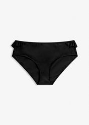 Figi bikini z wysoką talią i falbanką, szybkoschnące. Czarne bikini bonprix, bez wzorów. Za 37.99 zł.
