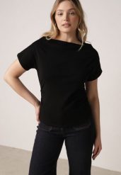 Czarny Bawełniany T-shirt z Marszczeniem w Talii i Dekoltem w Łódkę Savorith. Czarne t-shirty damskie Born2be, m, bez wzorów, z bawełny, bez kołnierzyka. Za 59.99 zł.