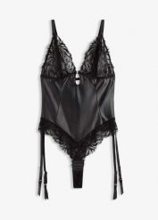 Body z efektem wetlook ze zdejmowanymi ramiączkami typu halter. Czarne body i gorsety bonprix, bez wzorów. Za 112.99 zł.