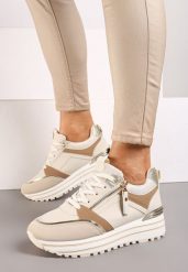 Beżowe Sneakersy na Platformie z Brokatowymi Detalami i Ozdobnym Suwakiem Mailera. Brązowe obuwie sportowe damskie Renee, z jeansu, bez zapięcia. Za 79.99 zł.