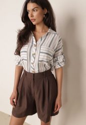 Jasnoniebieska Letnia Koszula Oversize z Bawełny w Paski z Nietoperzowymi Rękawami Sheilla. Niebieskie koszule damskie Born2be, na lato, bez wzorów, z bawełny, eleganckie, bez kołnierzyka, bez ramiączek. Za 99.99 zł.