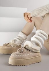 Beżowe Śniegowce na Grubej Podeszwie z Frędzlami i Haftem Linodis. Brązowe śniegowce damskie Born2be, z jeansu. Za 119.99 zł.