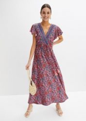 Długa sukienka z dżerseju z nadrukiem. Czerwone sukienki damskie bonprix, bez wzorów, z dżerseju, bez ramiączek. Za 169.99 zł.