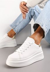 Biało-Złote Sneakersy Ozdobione Brokatem na Platformie Aeliris. Białe obuwie sportowe damskie Renee, z jeansu, bez zapięcia. Za 69.99 zł.