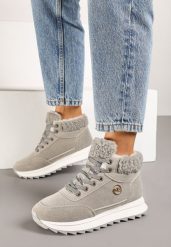 Szare Sneakersy z Imitacji Zamszu Mocno Ocieplane Futrem Metarilea. Szare obuwie sportowe damskie Born2be, na zimę, z dzianiny, bez zapięcia. Za 99.99 zł.