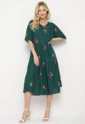 Ciemnozielona Wiskozowa Sukienka o Rozkloszowanym Kroju z Krótkim Rękawem Givinia. Zielone sukienki damskie Born2be, bez wzorów, z wiskozy, eleganckie, bez ramiączek. Za 109.99 zł.