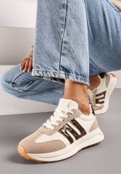 Beżowo-Brązowe Sznurowane Sneakersy na Płaskiej Podeszwie Ozdobione Paskami Nevlaia. Brązowe obuwie sportowe damskie Renee, z materiału, bez zapięcia. Za 89.99 zł.