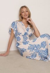 Niebieska Wiskozowa Sukienka o Rozkloszowanym Kroju z Kopertowym Dekoltem Morgassa. Niebieskie sukienki damskie Born2be, bez wzorów, z materiału, casualowe, bez ramiączek. Za 79.99 zł.