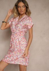 Różowa Sukienka Taliowana z Wiskozą i Ozdobnym Paskiem Delyase. Czerwone sukienki damskie Renee, bez wzorów, z wiskozy, eleganckie, bez ramiączek. W wyprzedaży za 63.99 zł.