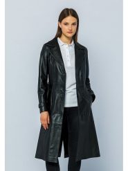 Basics & More Skórzany płaszcz w kolorze czarnym rozmiar: XL. Czarne płaszcze damskie Basics & More, xl, bez wzorów, ze skóry, bez kaptura. Za 614.96 zł.