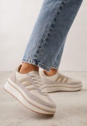 Beżowe Sneakersy na Platformie z Geometrycznym Motywem Hippiopis. Brązowe obuwie sportowe damskie Renee, z jeansu, bez zapięcia. Za 109.99 zł.