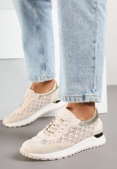 Beżowe Ażurowe Sneakersy Ozdobione Metalicznymi Wstawkami Sdivane. Brązowe obuwie sportowe damskie Born2be, z jeansu, bez zapięcia. Za 109.99 zł.