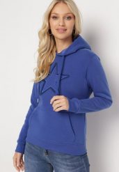 Niebieska Bluza Ocieplana z Nadrukiem Grolla. Niebieskie bluzy damskie Born2be, xl, bez wzorów, z polaru, z kapturem. Za 84.99 zł.