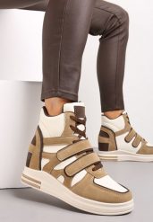 Ciemnobeżowe Sneakersy na Ukrytym Koturnie Zapięcie na Rzep Dodatkowo Sznurowane z Ozdobnymi Wstawkami z Ekozamszu Tisgnet. Brązowe obuwie sportowe damskie Renee, bez zapięcia. Za 119.99 zł.
