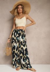 Zielone Szerokie Spodnie High Waist z Wiskozą w Panterkowy Wzór Zeviera. Zielone spodnie materiałowe damskie Renee, bez wzorów, z jeansu. Za 44.99 zł.