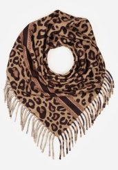 Ciemnobrązowy Wiskozowy Szalik w Panterkę Wykończony Frędzlami Alefera. Brązowe szaliki damskie Renee, bez wzorów, z jeansu. Za 39.99 zł.