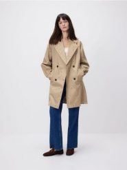 Płaszcz z haftem - beżowy. Brązowe płaszcze damskie Reserved, l, bez wzorów, z bawełny, bez kaptura. Za 359.99 zł.