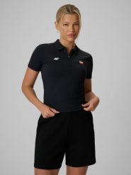 4F Koszulka kibica polo damska - czarna XXL. Czarne bluzki damskie 4F, xxl, bez wzorów, z materiału, bez kołnierzyka, bez ramiączek. Za 99.99 zł.