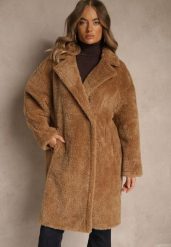 Brązowy Płaszcz Teddy o Dwurzędowym Kroju Oversize Azzena. Brązowe płaszcze damskie Renee, l, bez wzorów, z jeansu, bez kaptura. Za 299.99 zł.