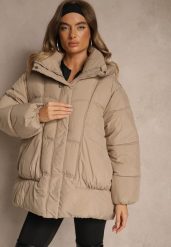 Beżowa Kurtka Oversize z Pikowanymi Przeszyciami i Kapturem Galeana. Brązowe kurtki damskie Renee, na zimę, xl, bez wzorów, z dzianiny. Za 199.99 zł.