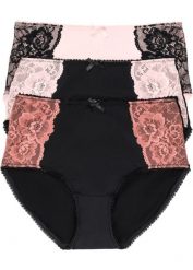 Figi maxi z mikrofibry (3 pary). Czarne figi bonprix, bez wzorów, z koronki. Za 57.99 zł.