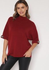 Bordowy Sweter Ozdobiony na Rękawach Cyrkoniami Aletusa. Czerwone swetry klasyczne damskie Born2be, z jeansu, bez kołnierzyka. Za 99.99 zł.