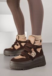 Beżowo-Brązowe Botki Vices w Stylu Sneakersów na Platformie Afirriva. Brązowe obuwie sportowe damskie Born2be, z jeansu, bez zapięcia. Za 139.99 zł.