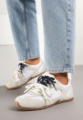 Beżowo-Szare Sneakersy z Kontrastującymi Sznurówkami i Przeszyciami Nanlita. Brązowe obuwie sportowe damskie Renee, z jeansu, bez zapięcia. Za 74.99 zł.