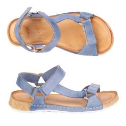 Olivier Sandały damskie barefoot-friendly Kallia skórzane niebieskie. Niebieskie sandały damskie bez wzorów, bez obcasa, bez zapięcia. Za 367.89 zł.