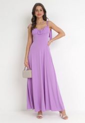 Fioletowa Rozkloszowana Sukienka Maxi z Wiązanymi Ramiączkami Lisija. Fioletowe sukienki damskie Born2be, bez wzorów, eleganckie, bez ramiączek. Za 189.99 zł.
