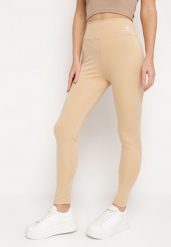 Beżowe Legginsy z Wysokim Stanem i Gumką w Pasie Bloelia. Brązowe legginsy damskie Born2be, l, bez wzorów, z jeansu. Za 29.99 zł.
