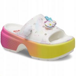 Klapki Dla Dorosłych Crocs Care Bears Stomp Slide. Białe klapki damskie Crocs, bez wzorów, z materiału, bez obcasa, bez zapięcia. Za 300.99 zł.