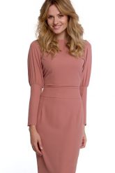 Elegancka sukienka z odkrytymi plecami i rozcięciem pudrowa. Sukienki damskie Sukienki.shop, bez wzorów, eleganckie, bez ramiączek. Za 369.00 zł.