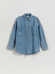 Jeansowa koszula z lyocellem - niebieski. Niebieskie koszule damskie Reserved, l, bez wzorów, z bawełny, bez kołnierzyka, bez ramiączek. Za 149.99 zł.