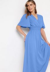 Niebieska Sukienka z Rozkloszowanymi Rękawami Gumką w Pasie i Wiązaniem na Plecach Larielle. Niebieskie sukienki damskie Born2be, bez wzorów, z bawełny, eleganckie, bez ramiączek. Za 79.99 zł.