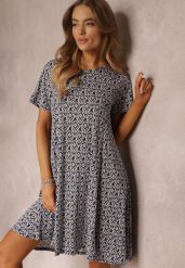Granatowa Sukienka Mini z Krótkimi Rękawami i Wzorem w Kwiaty Cassatha. Niebieskie sukienki damskie Renee, bez wzorów, bez ramiączek. W wyprzedaży za 35.99 zł.