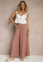 Brązowe Szerokie Spodnie High Waist z Elastycznymi Gumkami w Talii Varbia. Brązowe spodnie materiałowe damskie Renee, bez wzorów, z jeansu. Za 39.99 zł.