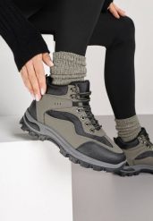 Czarno-Zielone Buty Trekkingowe Trapery Vices Ozdobione Geometrycznym Motywem Anarisse. Czarne trapery damskie Renee, z jeansu, bez zapięcia. Za 89.99 zł.