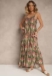 Zielono-Różowa Sukienka w Stylu Boho z Cienkimi Regulowanymi Ramiączkami Tosena. Zielone sukienki damskie Renee, bez wzorów, boho, bez ramiączek. Za 69.99 zł.