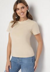Beżowy Klasyczny T-shirt z Bawełny Lorali. Brązowe t-shirty damskie Born2be, m, bez wzorów, z bawełny, bez kołnierzyka. Za 29.99 zł.