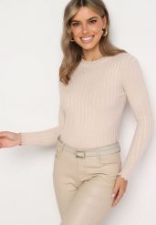 Beżowy Prążkowany Sweter z Bawełną Mevin. Brązowe swetry klasyczne damskie Born2be, z bawełny, bez kołnierzyka. Za 39.99 zł.